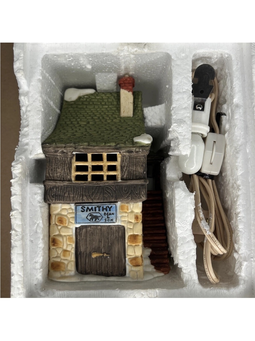 Department 56 Green Roof Stone Smithy Cottage with Brown Details